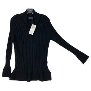 NWT ALPACA 111 Sweater L Black Baby-Alpaca Cable-Knit Turtleneck Flare Flounce
